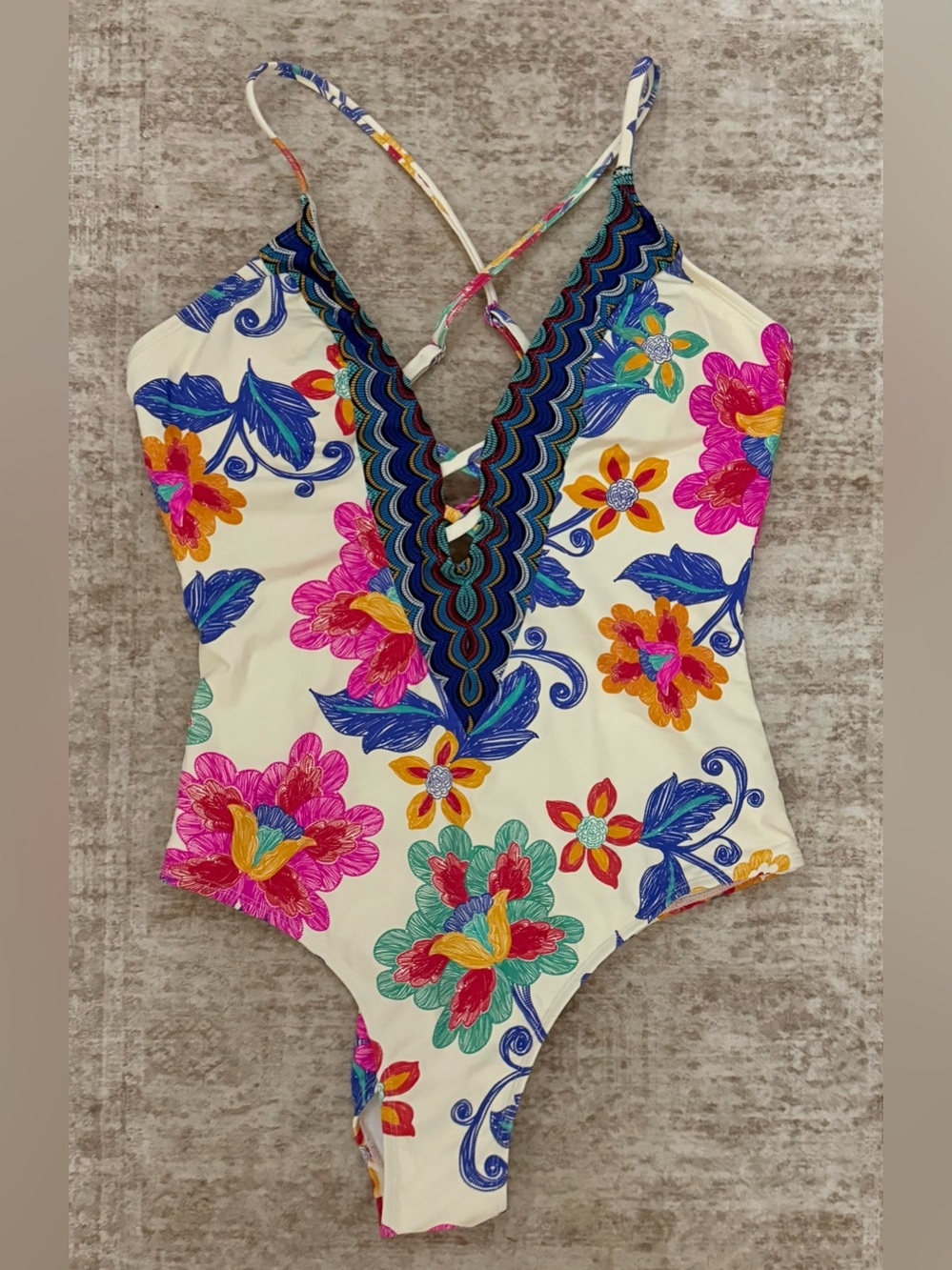 Floral V-Neck One-Piece Swimsuit in Cream with Bright Multicolor Flowers